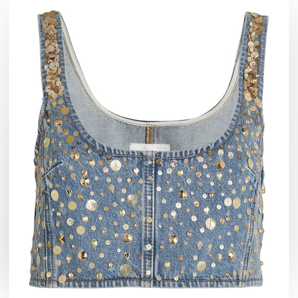 FRAME (NWT $498) The Champagne Sequin Denim Crop Top Sz 2 - Picture 1 of 13